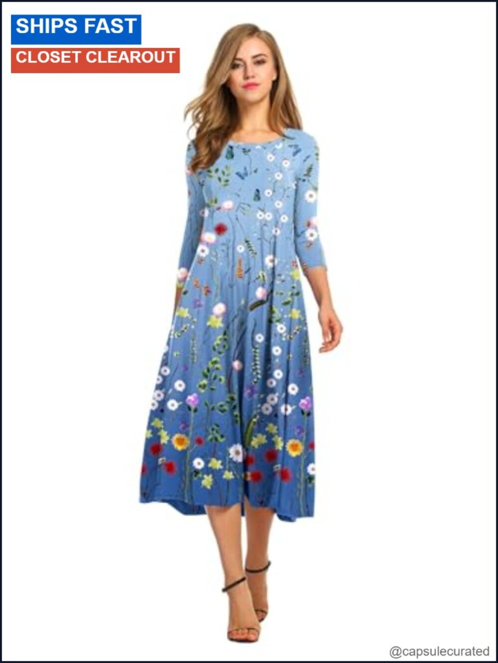 Women's 3/4 Sleeve A-line Midi Swing Dress ~ 95% Polyester 5% Spandex